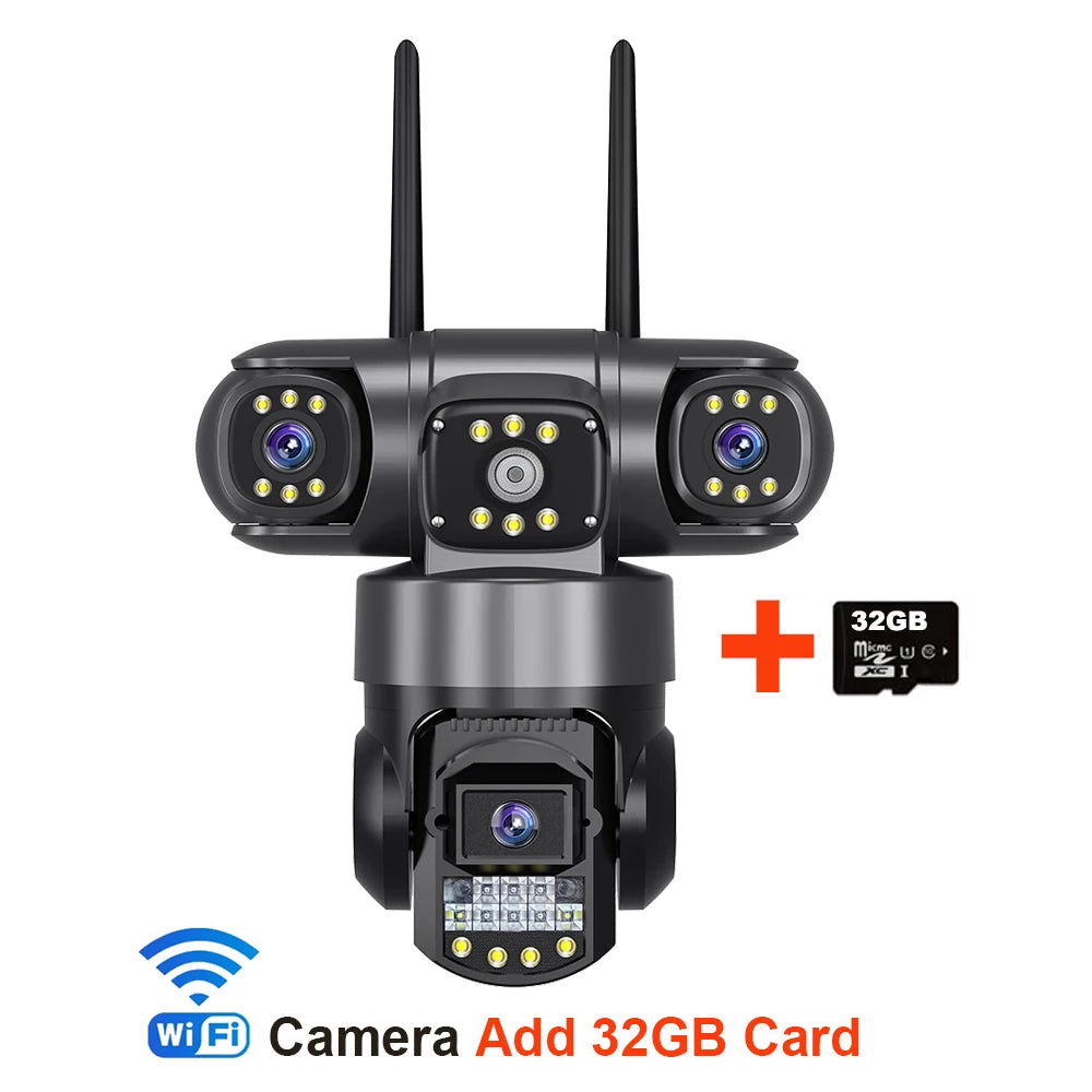 Caméra WiFi Extérieure V380 Pro – 12MP 6K, Triple Objectif, Vision Nocturne Couleur, PTZ, Audio 2 Voies