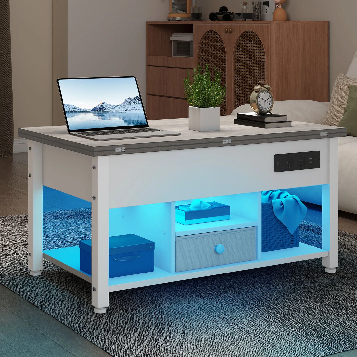 Table Basse 4 en 1 Hauteur Réglable – Design Moderne Blanc & Gris avec Rangement et LED
