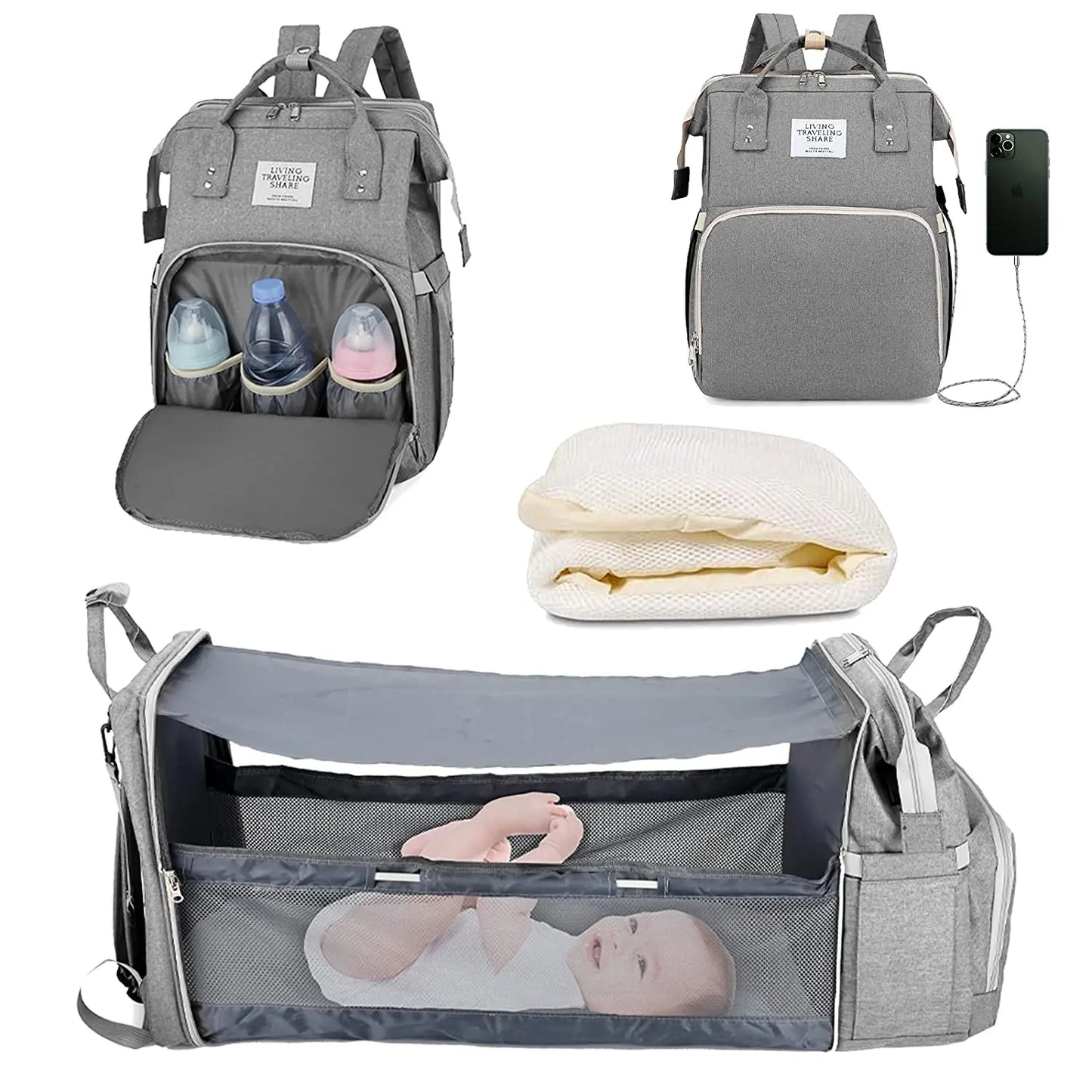 Sac à langer 3 en 1, sac à dos pliable pour lit de bébé, sac de voyage étanche avec chargeur USB, sac à dos avec lit à langer