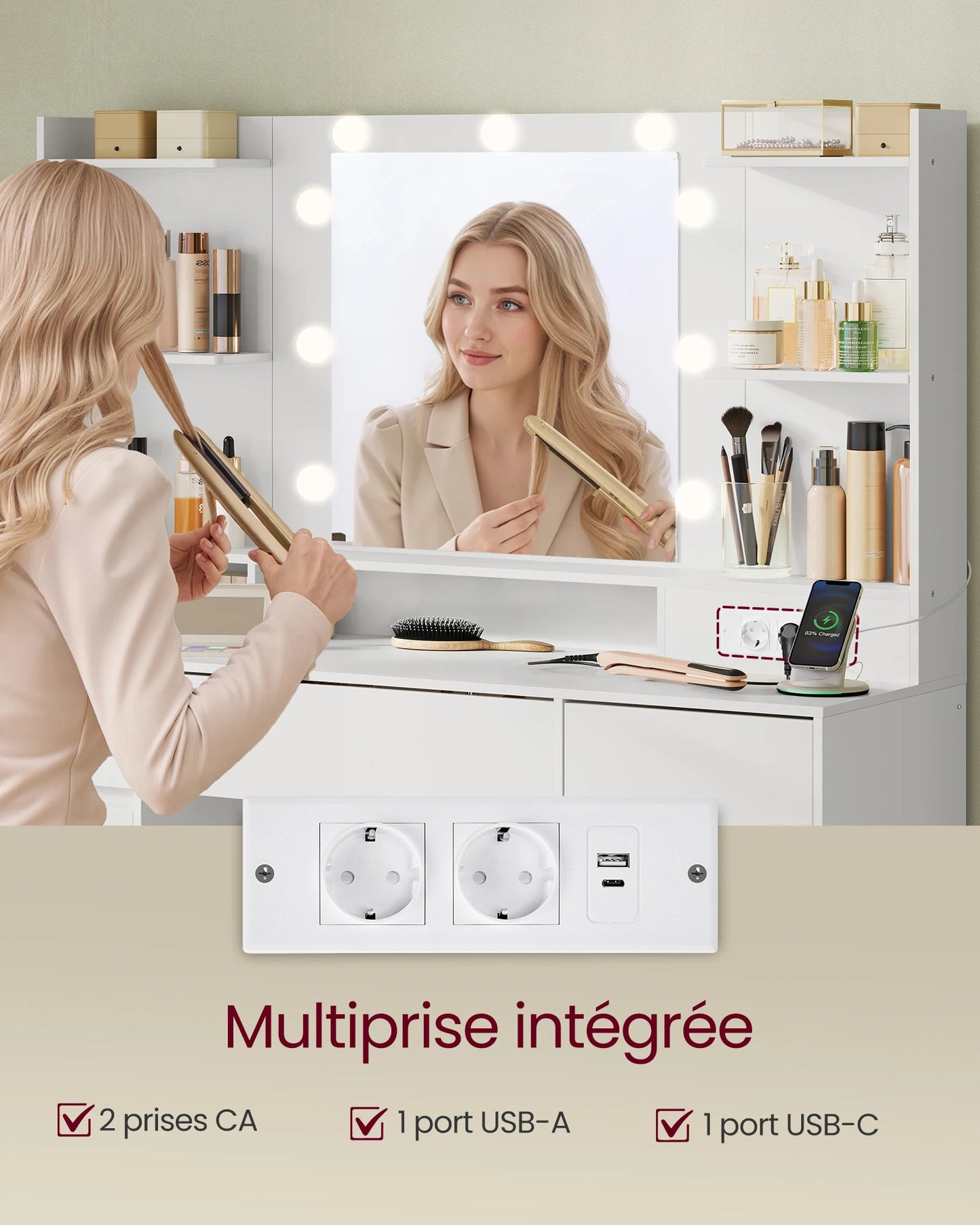 Coiffeuse avec Miroir LED Éclairé - 9 Tiroirs, 3 Tonalités, Prises USB & Secteur
