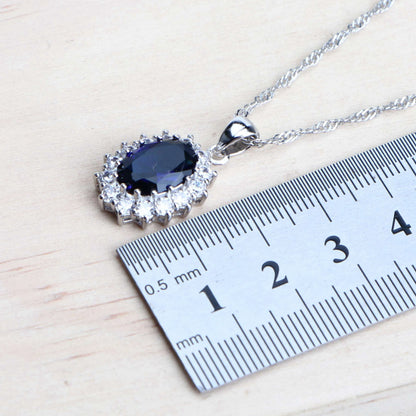 Ensemble Bijoux Argent 925 Femme Zircone Bleu - Collier Bracelet Boucles Bague