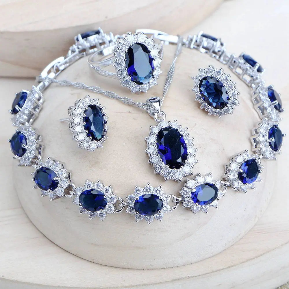 Ensemble Bijoux Argent 925 Femme Zircone Bleu - Collier Bracelet Boucles Bague