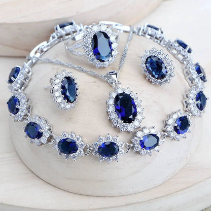 Ensemble Bijoux Argent 925 Femme Zircone Bleu - Collier Bracelet Boucles Bague