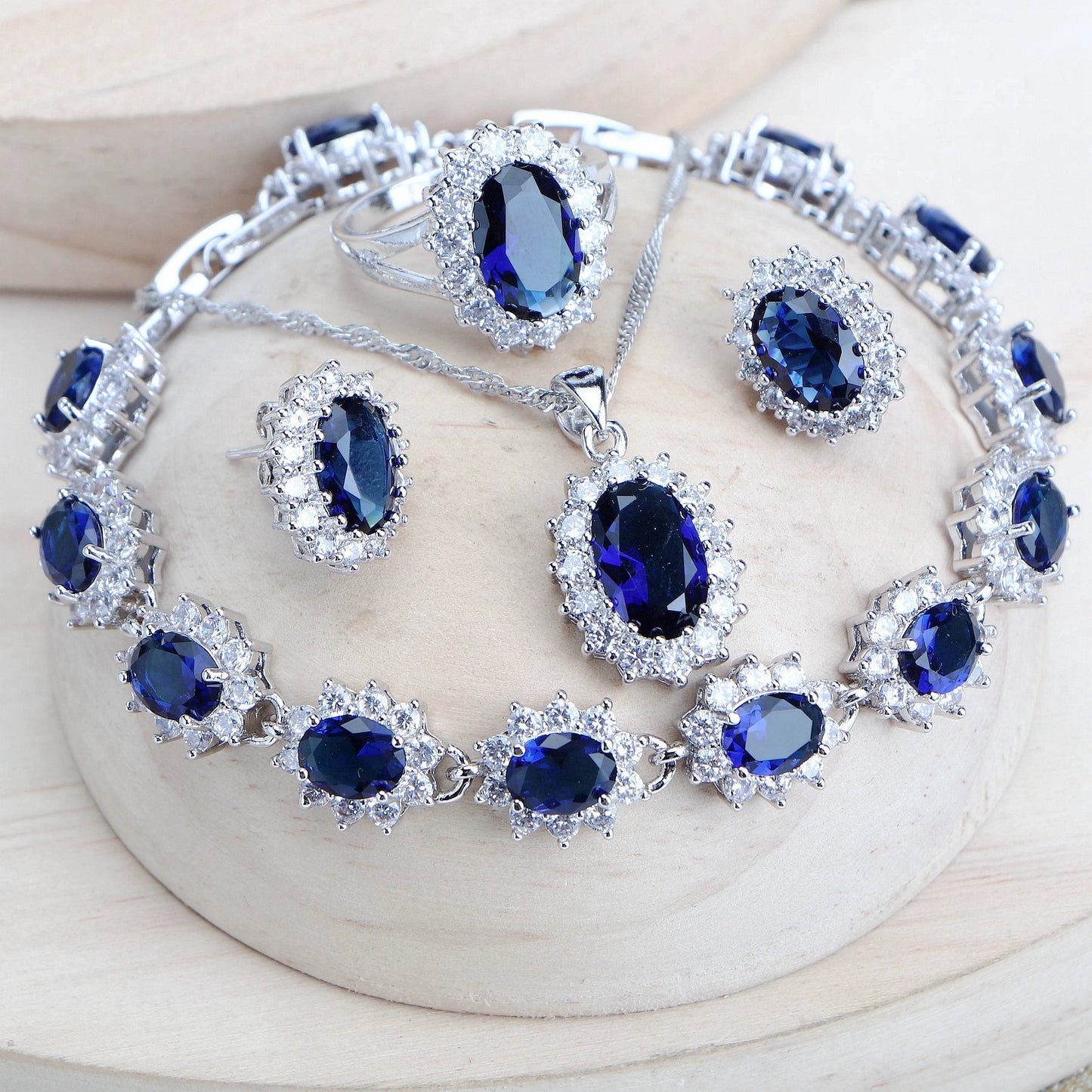 Ensemble Bijoux Argent 925 Femme Zircone Bleu - Collier Bracelet Boucles Bague