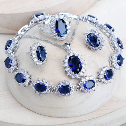 Ensemble Bijoux Argent 925 Femme Zircone Bleu - Collier Bracelet Boucles Bague
