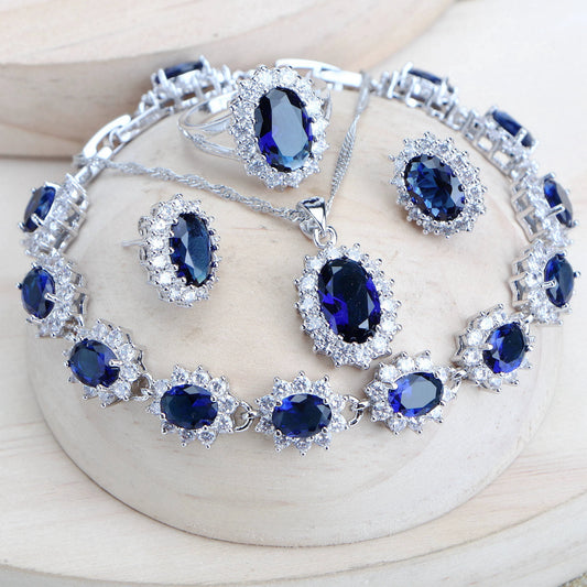 Ensemble Bijoux Argent 925 Femme Zircone Bleu - Collier Bracelet Boucles Bague