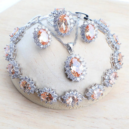 Ensemble Bijoux Argent 925 Femme Zircone Bleu - Collier Bracelet Boucles Bague