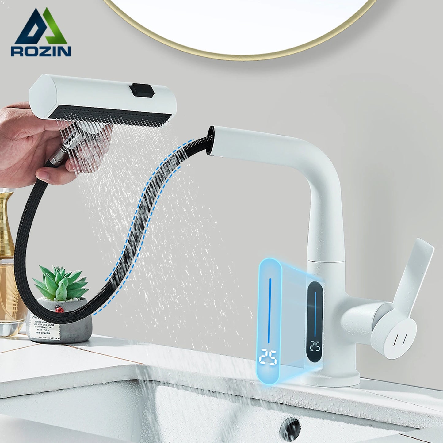 Robinet de Lavabo à Affichage Numérique – Buse Extractible 3 Voies, Jet de Pluie, Levage, Eau Chaude et Froide