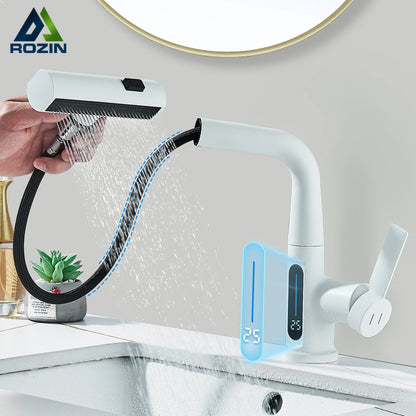 Robinet de Lavabo à Affichage Numérique – Buse Extractible 3 Voies, Jet de Pluie, Levage, Eau Chaude et Froide