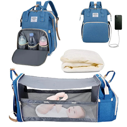 Sac à langer 3 en 1, sac à dos pliable pour lit de bébé, sac de voyage étanche avec chargeur USB, sac à dos avec lit à langer