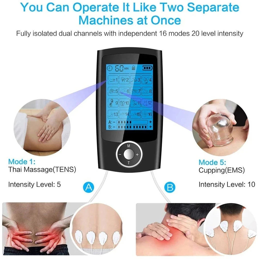 Appareil de Massage Électrostimulation TENS – 16 Modes, Double Sortie, Écran LCD, Rechargeable USB