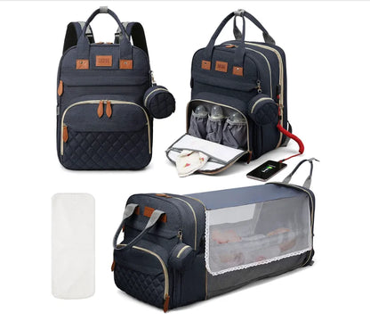 Sac à langer 3 en 1, sac à dos pliable pour lit de bébé, sac de voyage étanche avec chargeur USB, sac à dos avec lit à langer