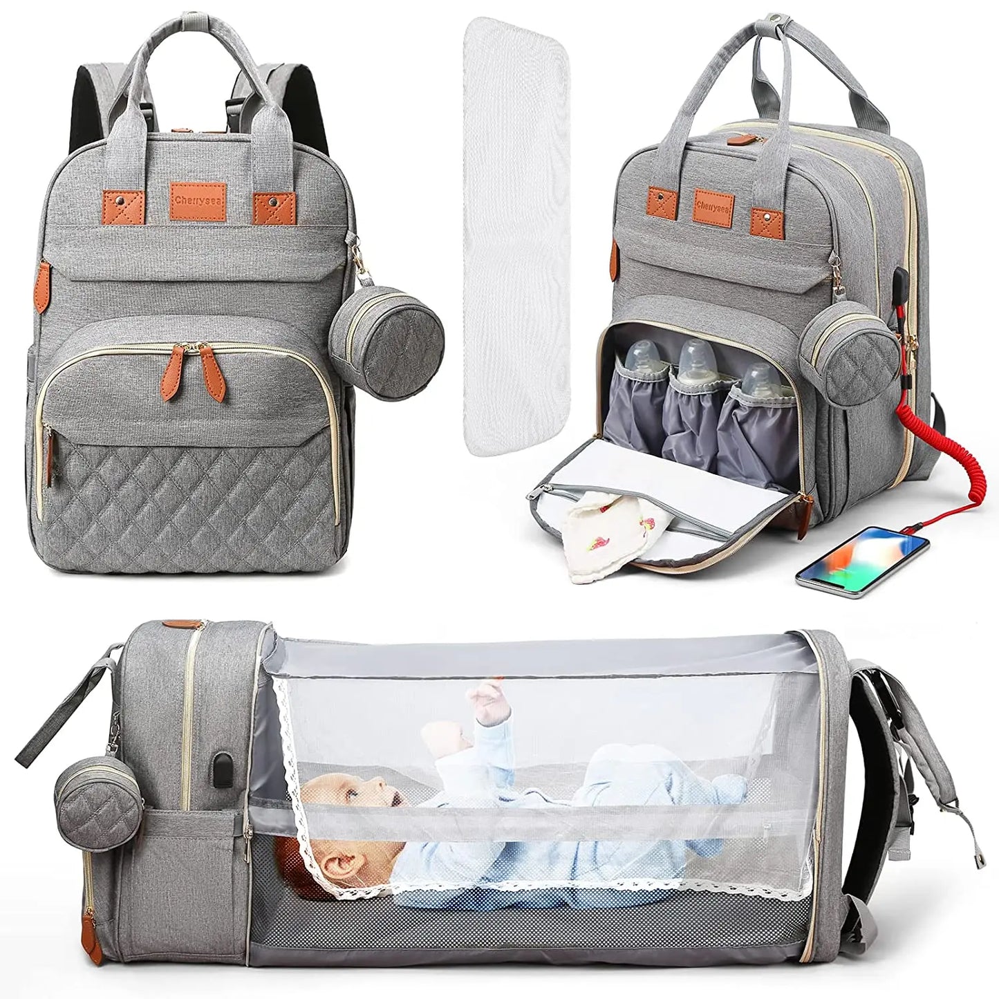 Sac à langer 3 en 1, sac à dos pliable pour lit de bébé, sac de voyage étanche avec chargeur USB, sac à dos avec lit à langer