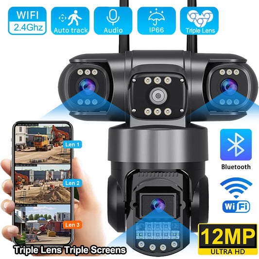 Caméra WiFi Extérieure V380 Pro – 12MP 6K, Triple Objectif, Vision Nocturne Couleur, PTZ, Audio 2 Voies
