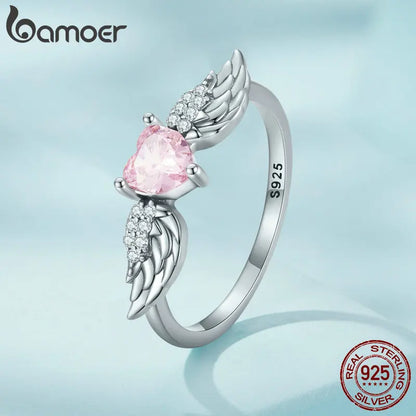 Bague Love & Wing en Argent Sterling 925 avec Zircon Rose – Design Ailes Élégant