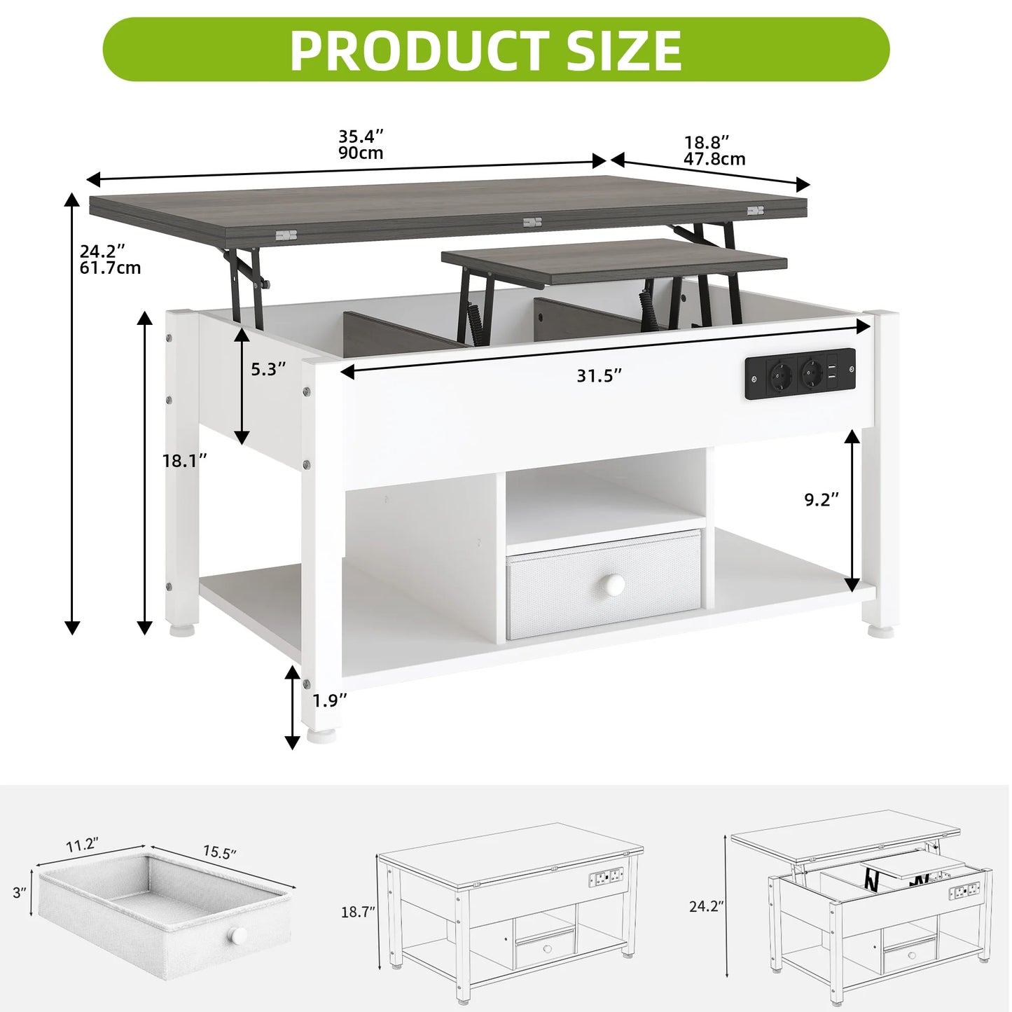 Table Basse 4 en 1 Hauteur Réglable – Design Moderne Blanc & Gris avec Rangement et LED