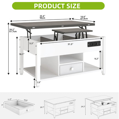 Table Basse 4 en 1 Hauteur Réglable – Design Moderne Blanc & Gris avec Rangement et LED