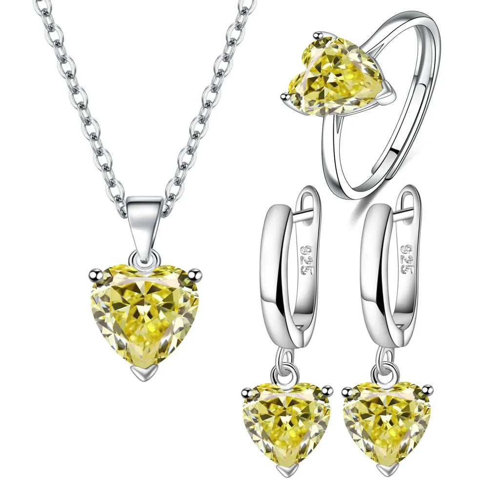 Ensemble Bijoux Argent 925 Femme - Parure Cœur Zircone (Bague + Collier + Boucles d'Oreilles)
