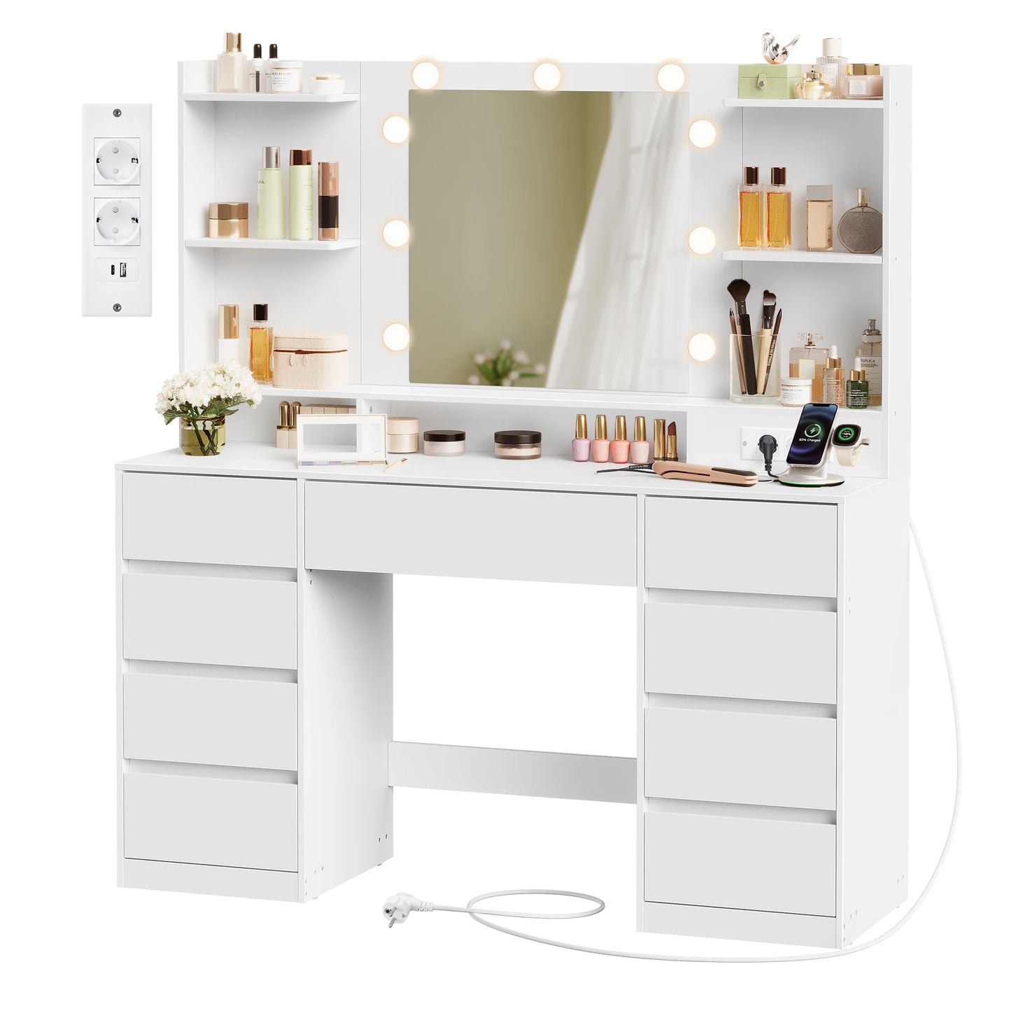 Coiffeuse avec Miroir LED Éclairé - 9 Tiroirs, 3 Tonalités, Prises USB & Secteur
