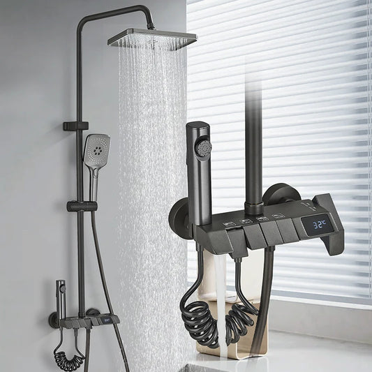 Ensemble de Douche Rozin Noir Style Piano – Pommeau Pluie, Douche à Main, Bidet et Bec, Poignée Unique, Contemporain