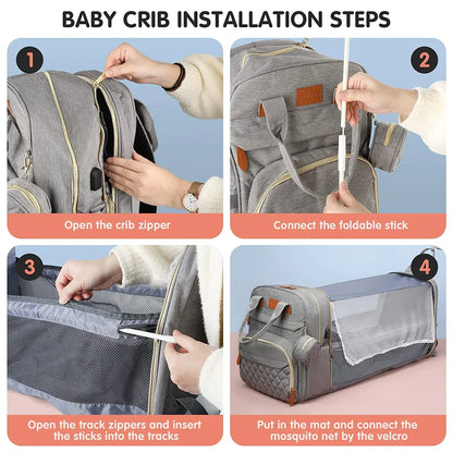Sac à langer 3 en 1, sac à dos pliable pour lit de bébé, sac de voyage étanche avec chargeur USB, sac à dos avec lit à langer