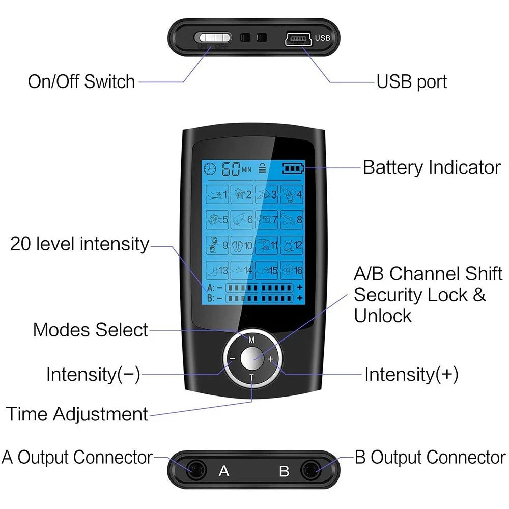 Appareil de Massage Électrostimulation TENS – 16 Modes, Double Sortie, Écran LCD, Rechargeable USB