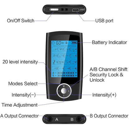 Appareil de Massage Électrostimulation TENS – 16 Modes, Double Sortie, Écran LCD, Rechargeable USB