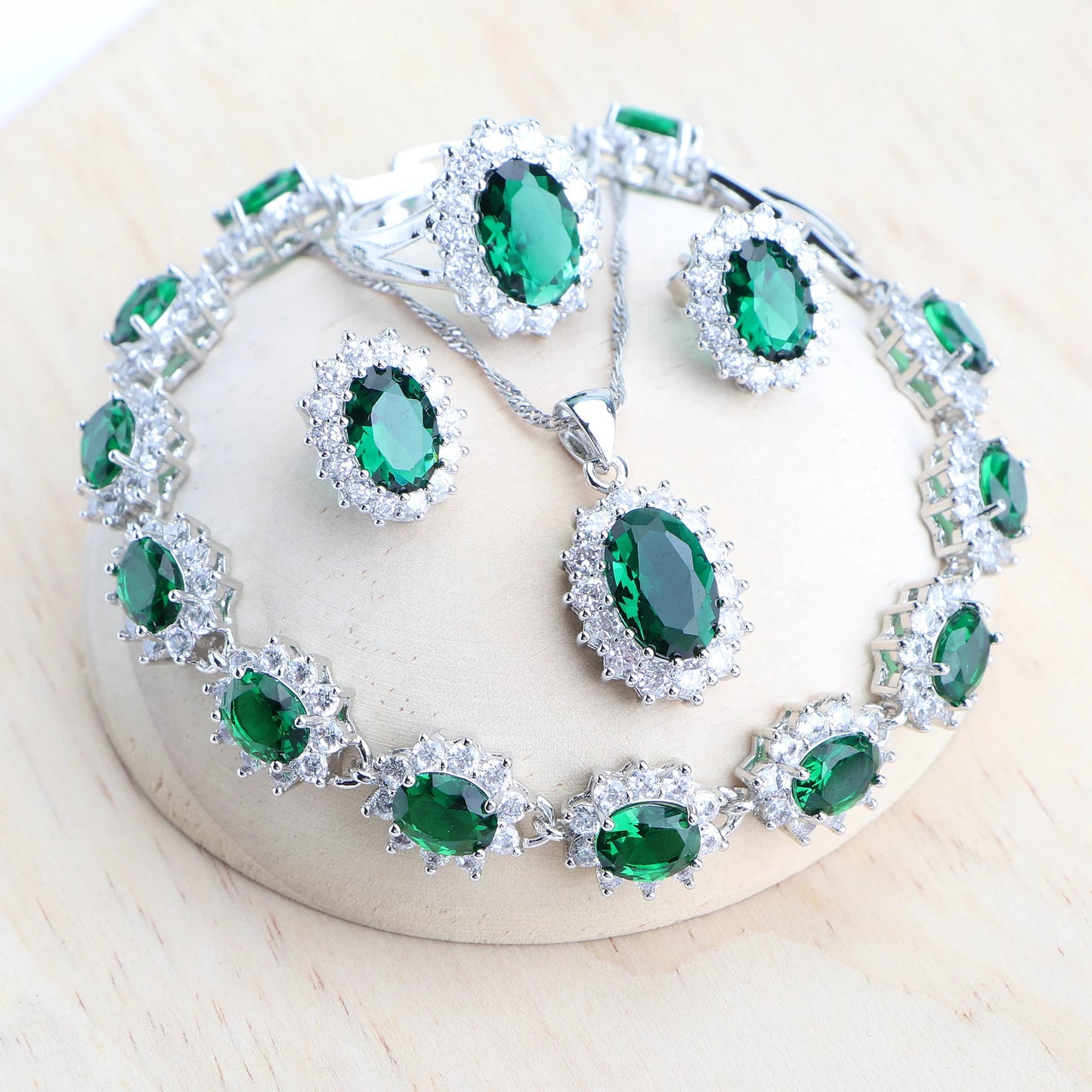 Ensemble Bijoux Argent 925 Femme Zircone Bleu - Collier Bracelet Boucles Bague