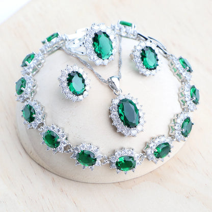 Ensemble Bijoux Argent 925 Femme Zircone Bleu - Collier Bracelet Boucles Bague