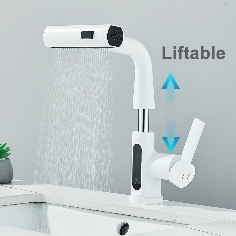 Robinet de Lavabo à Affichage Numérique – Buse Extractible 3 Voies, Jet de Pluie, Levage, Eau Chaude et Froide