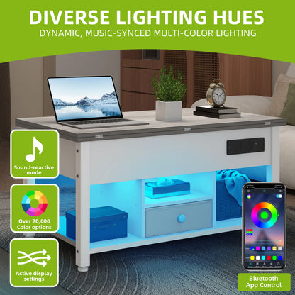Table Basse 4 en 1 Hauteur Réglable – Design Moderne Blanc & Gris avec Rangement et LED
