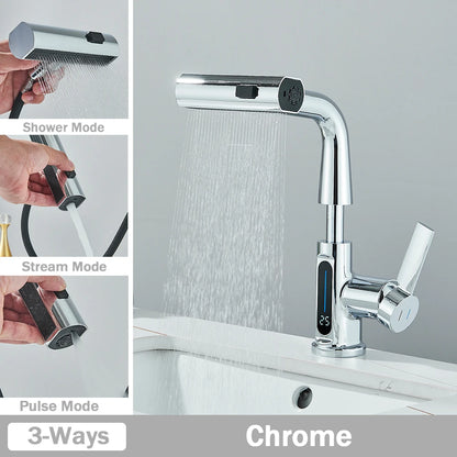Robinet de Lavabo à Affichage Numérique – Buse Extractible 3 Voies, Jet de Pluie, Levage, Eau Chaude et Froide
