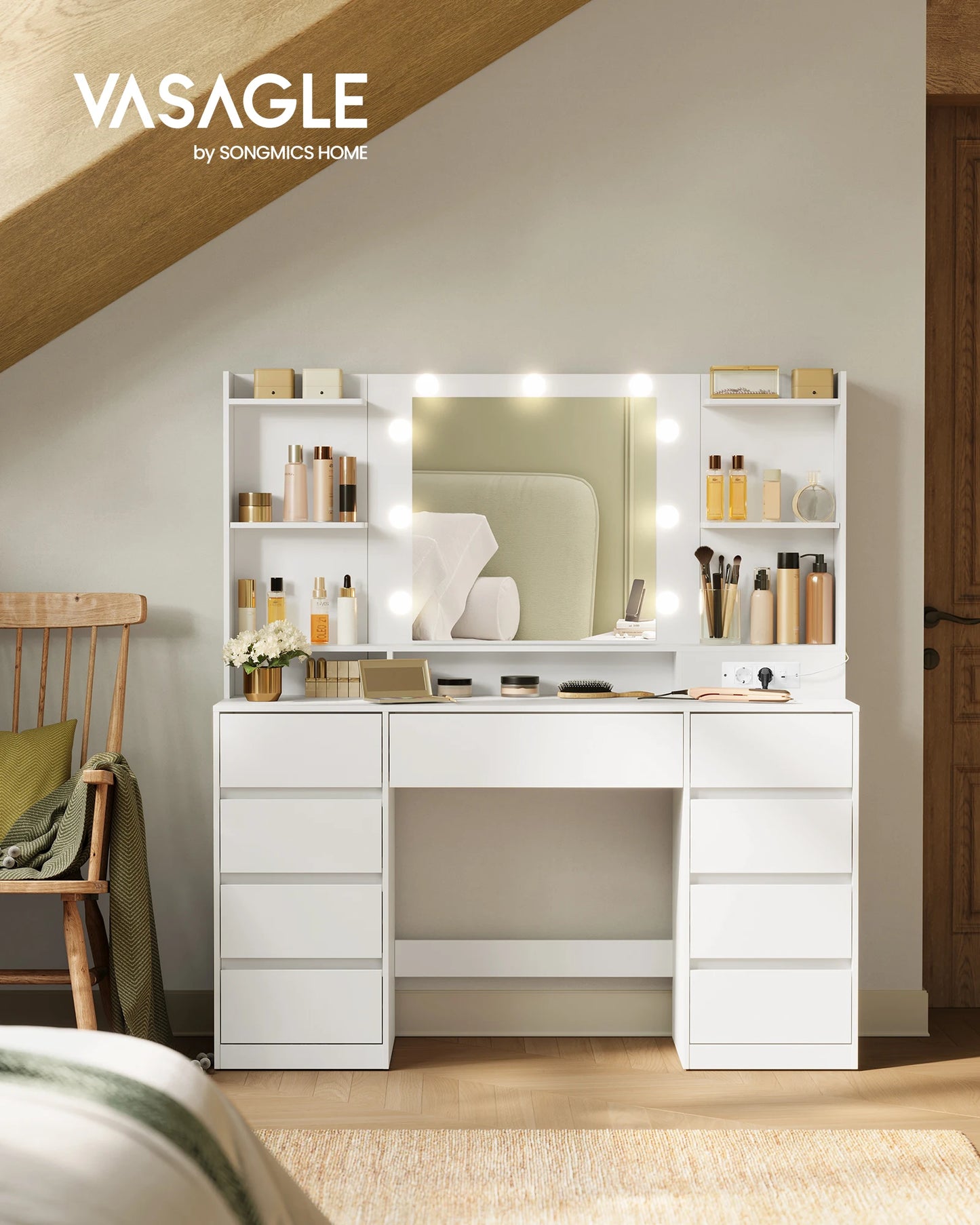 Coiffeuse avec Miroir LED Éclairé - 9 Tiroirs, 3 Tonalités, Prises USB & Secteur