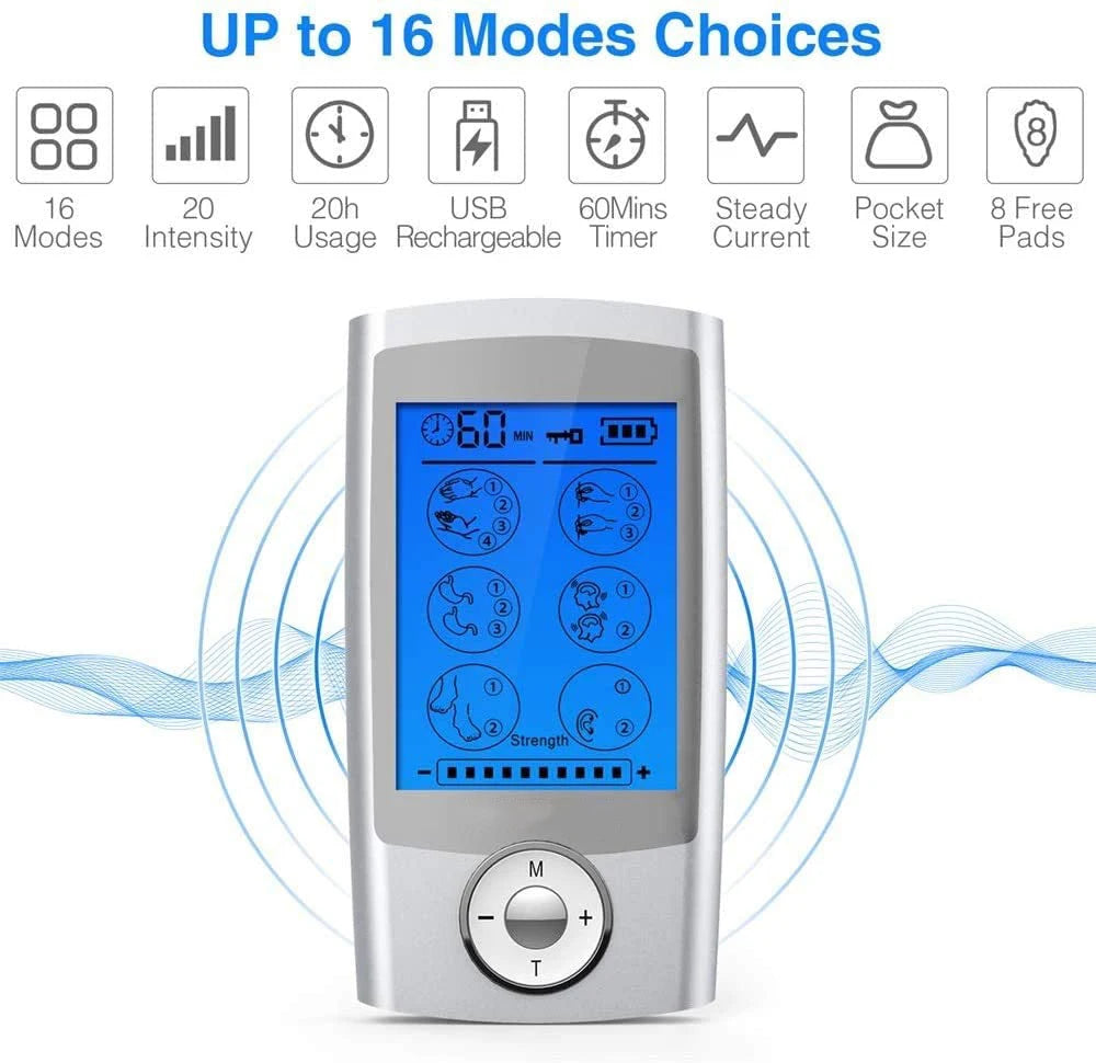 Appareil de Massage Électrostimulation TENS – 16 Modes, Double Sortie, Écran LCD, Rechargeable USB
