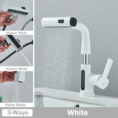 Robinet de Lavabo à Affichage Numérique – Buse Extractible 3 Voies, Jet de Pluie, Levage, Eau Chaude et Froide