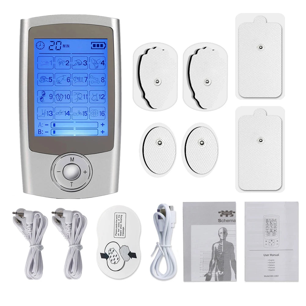 Appareil de Massage Électrostimulation TENS – 16 Modes, Double Sortie, Écran LCD, Rechargeable USB