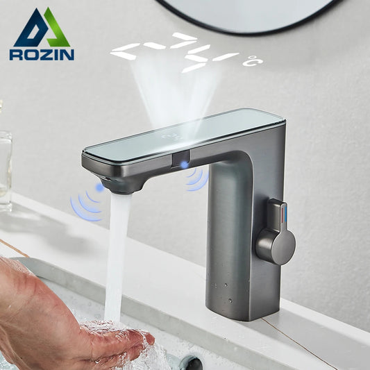 Robinet de Lavabo Intelligent à Capteur – Affichage Numérique et Eau Chaude/Froide, Laiton Gris