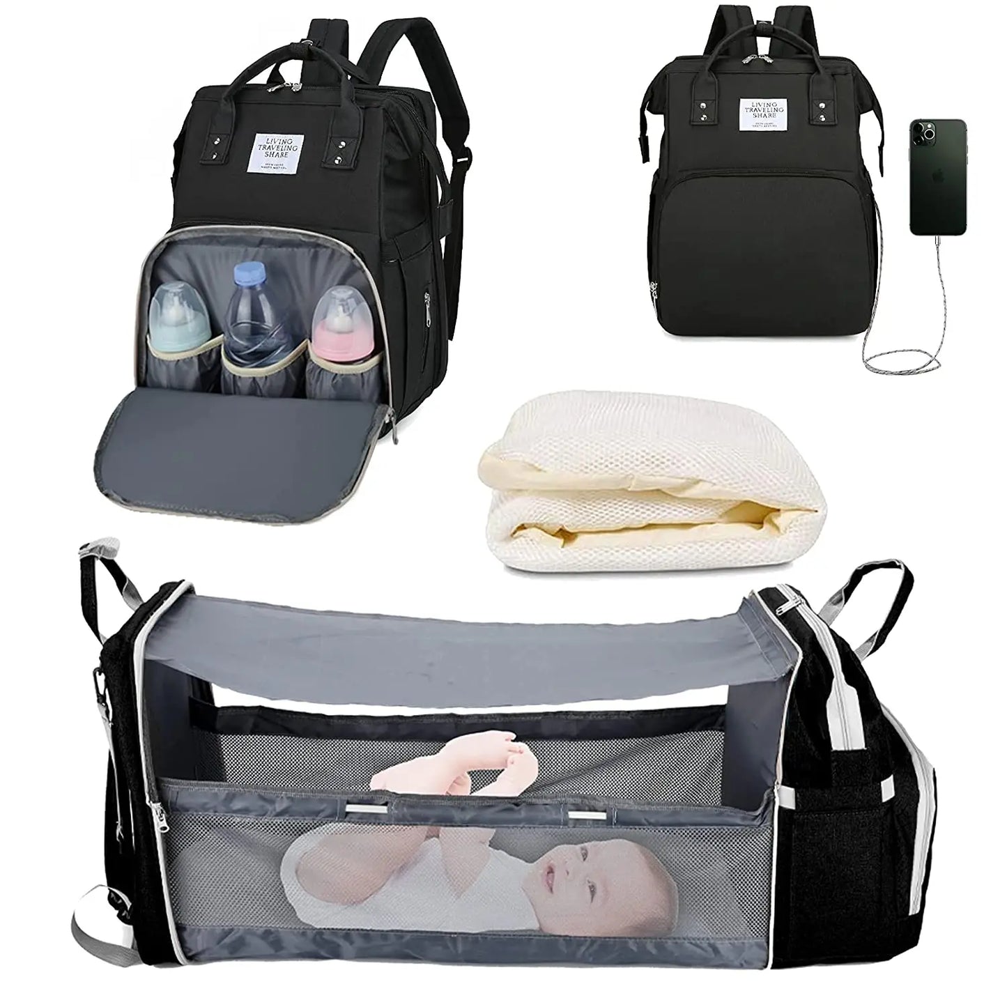 Sac à langer 3 en 1, sac à dos pliable pour lit de bébé, sac de voyage étanche avec chargeur USB, sac à dos avec lit à langer