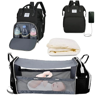 Sac à langer 3 en 1, sac à dos pliable pour lit de bébé, sac de voyage étanche avec chargeur USB, sac à dos avec lit à langer