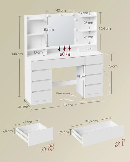 Coiffeuse avec Miroir LED Éclairé - 9 Tiroirs, 3 Tonalités, Prises USB & Secteur