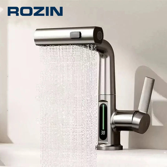 Robinet de Lavabo à Affichage Numérique – Buse Extractible 3 Voies, Jet de Pluie, Levage, Eau Chaude et Froide