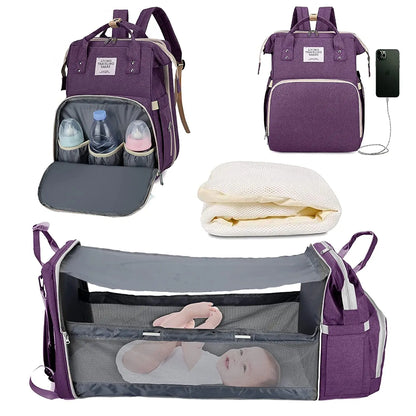 Sac à langer 3 en 1, sac à dos pliable pour lit de bébé, sac de voyage étanche avec chargeur USB, sac à dos avec lit à langer