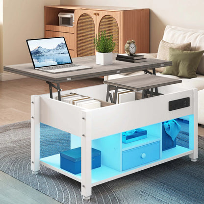 Table Basse 4 en 1 Hauteur Réglable – Design Moderne Blanc & Gris avec Rangement et LED