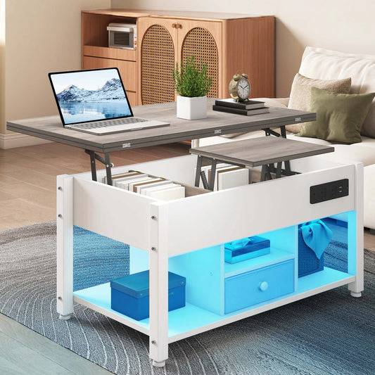 Table Basse 4 en 1 Hauteur Réglable – Design Moderne Blanc & Gris avec Rangement et LED