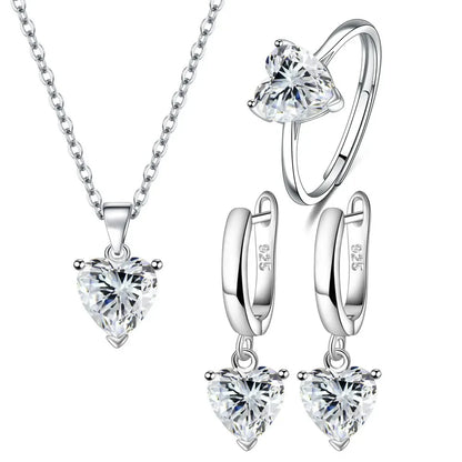 Ensemble Bijoux Argent 925 Femme - Parure Cœur Zircone (Bague + Collier + Boucles d'Oreilles)