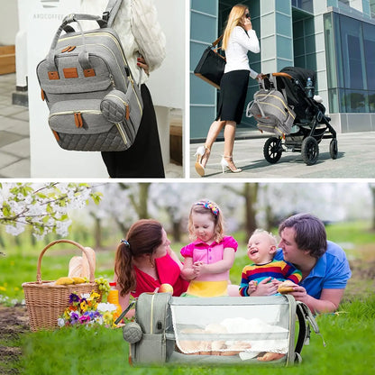 Sac à langer 3 en 1, sac à dos pliable pour lit de bébé, sac de voyage étanche avec chargeur USB, sac à dos avec lit à langer
