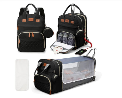 Sac à langer 3 en 1, sac à dos pliable pour lit de bébé, sac de voyage étanche avec chargeur USB, sac à dos avec lit à langer