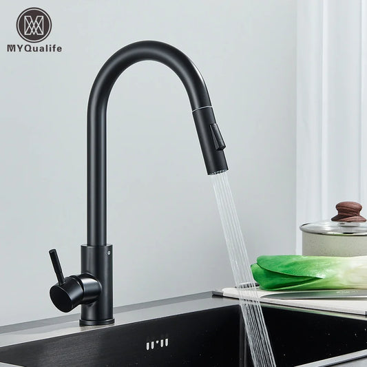 Robinet de Cuisine MYQualife Noir Bimode – Poignée Unique, Eau Chaude & Froide, Capteur Tactile, Mélangeur Extractible, Montage sur Pont