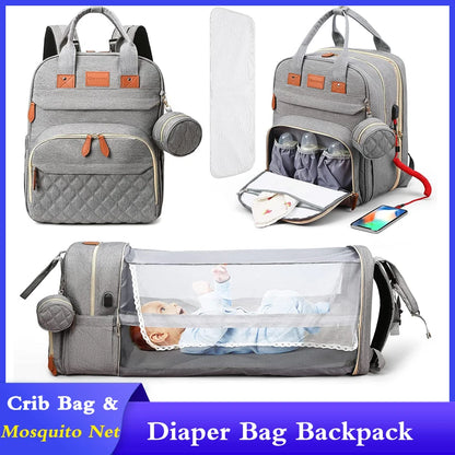 Sac à langer 3 en 1, sac à dos pliable pour lit de bébé, sac de voyage étanche avec chargeur USB, sac à dos avec lit à langer