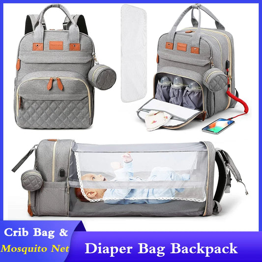 Sac à langer 3 en 1, sac à dos pliable pour lit de bébé, sac de voyage étanche avec chargeur USB, sac à dos avec lit à langer